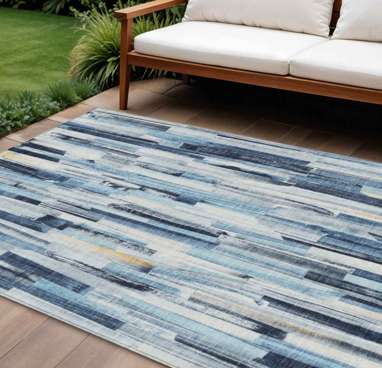 9' X 12' Denim Blue And Ivory Striped Washable Indoor Outdoor Area Rug