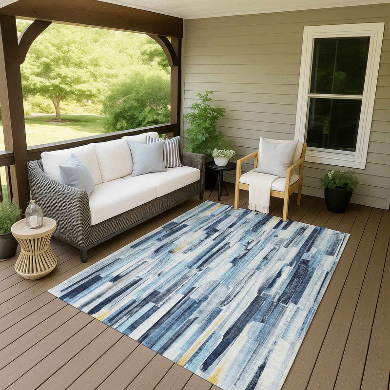 9' X 12' Denim Blue And Ivory Striped Washable Indoor Outdoor Area Rug