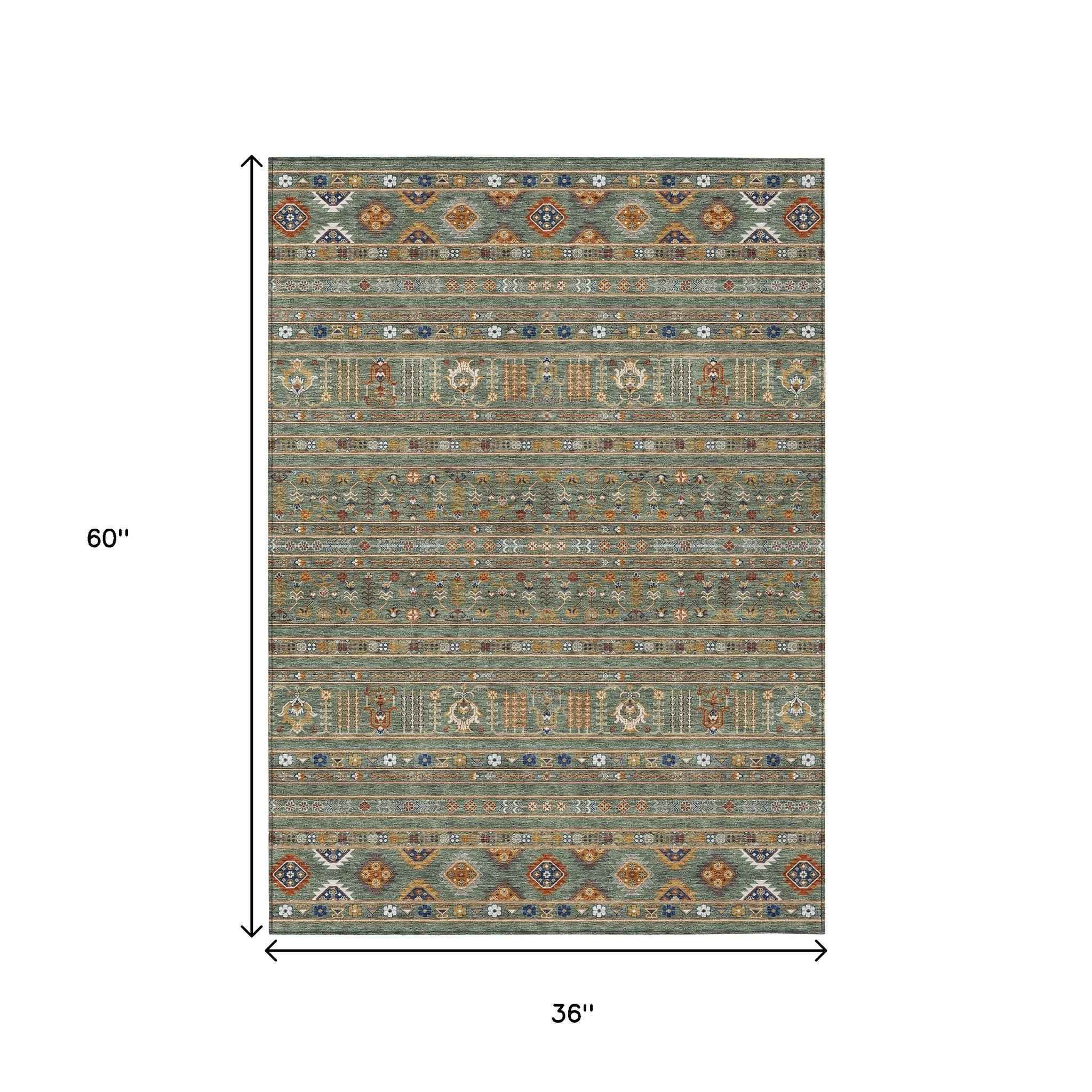 3' X 5' Sage Gold And Copper Tribal Washable Indoor Outdoor Area Rug