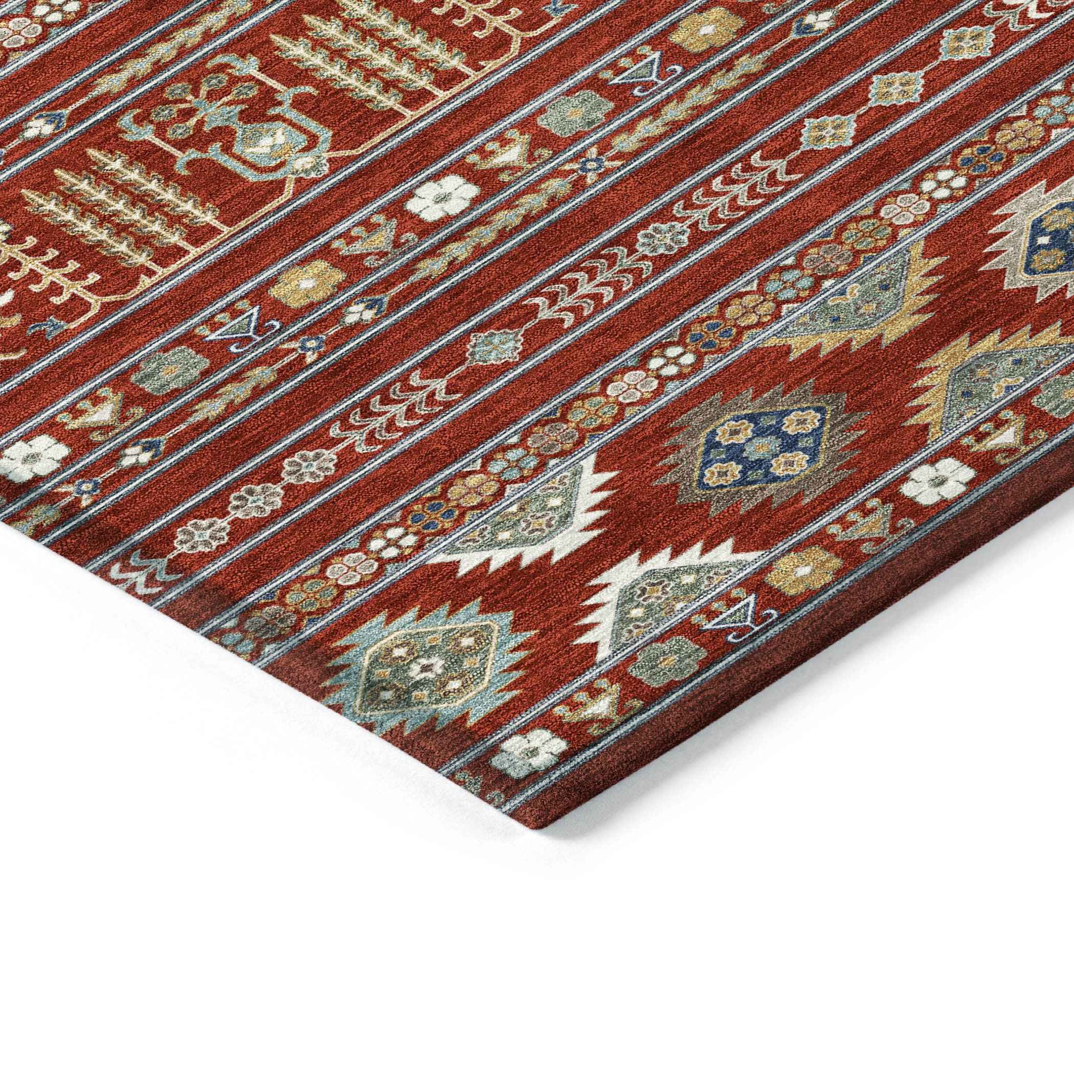 9' X 12' Red Gold And Blue Tribal Washable Indoor Outdoor Area Rug