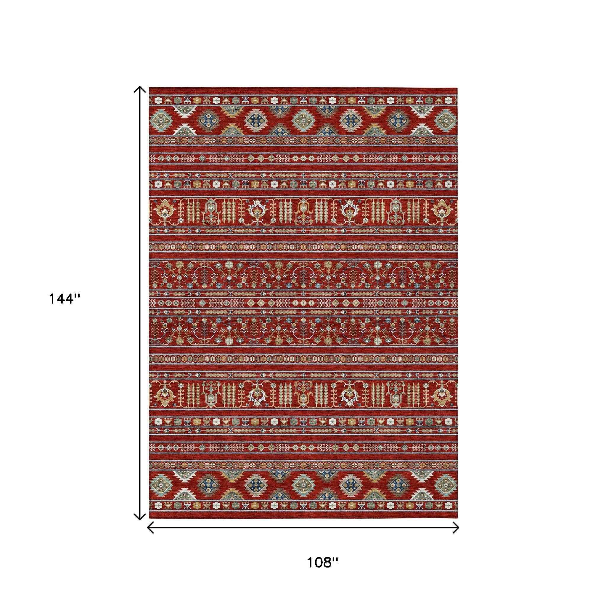 9' X 12' Red Gold And Blue Tribal Washable Indoor Outdoor Area Rug