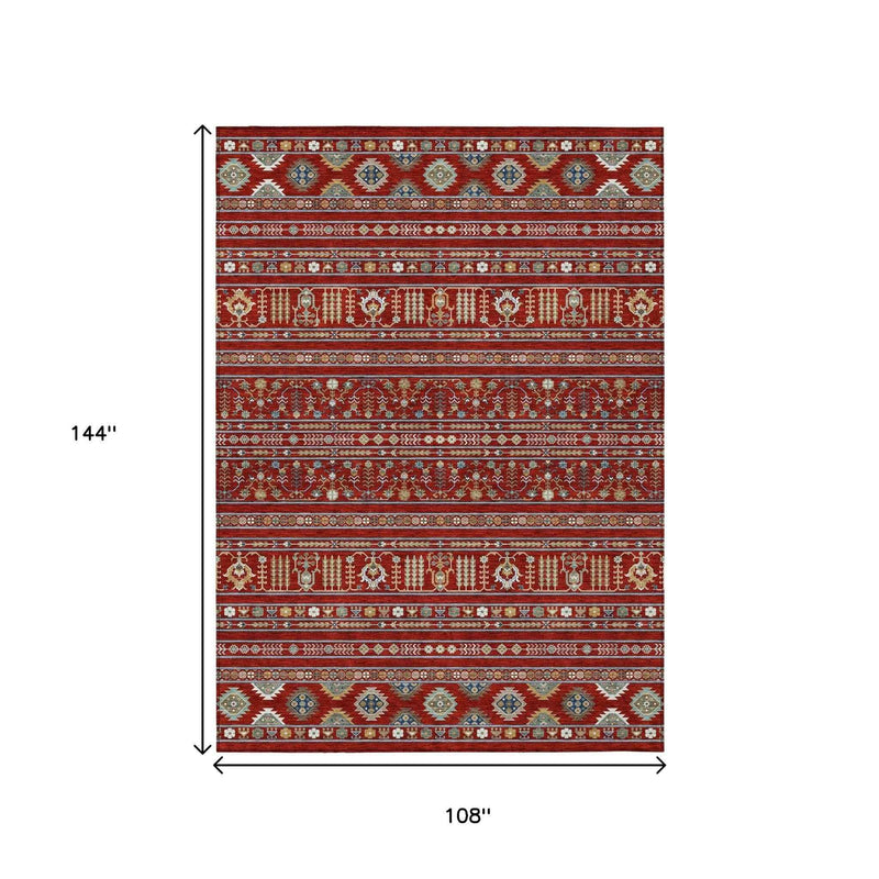 9' X 12' Red Gold And Blue Tribal Washable Indoor Outdoor Area Rug