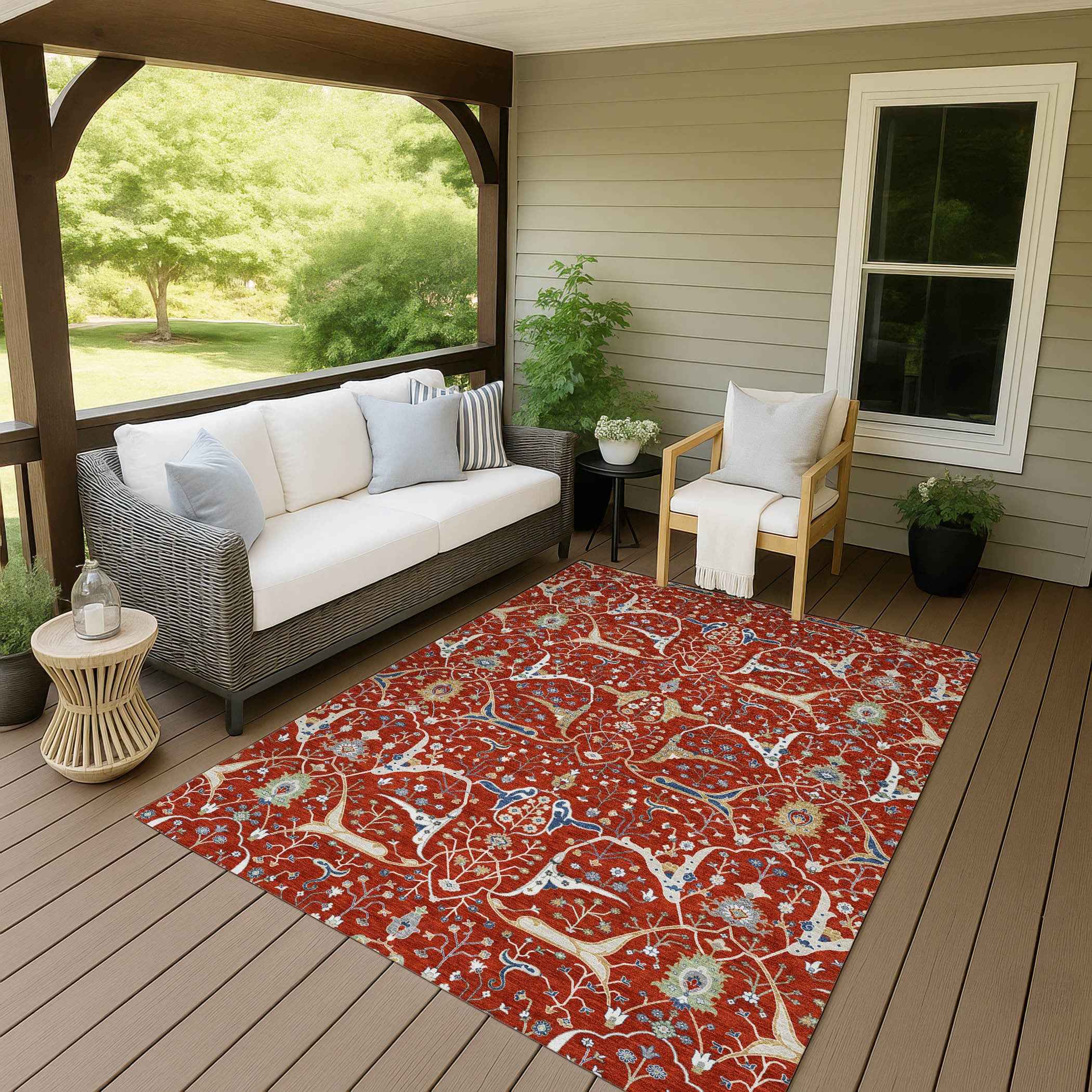 10' X 14' Red Blue And Ivory Floral Washable Indoor Outdoor Area Rug