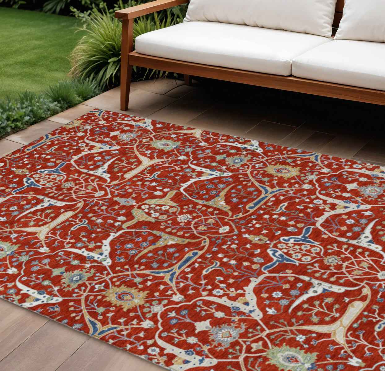 10' X 14' Red Blue And Ivory Floral Washable Indoor Outdoor Area Rug