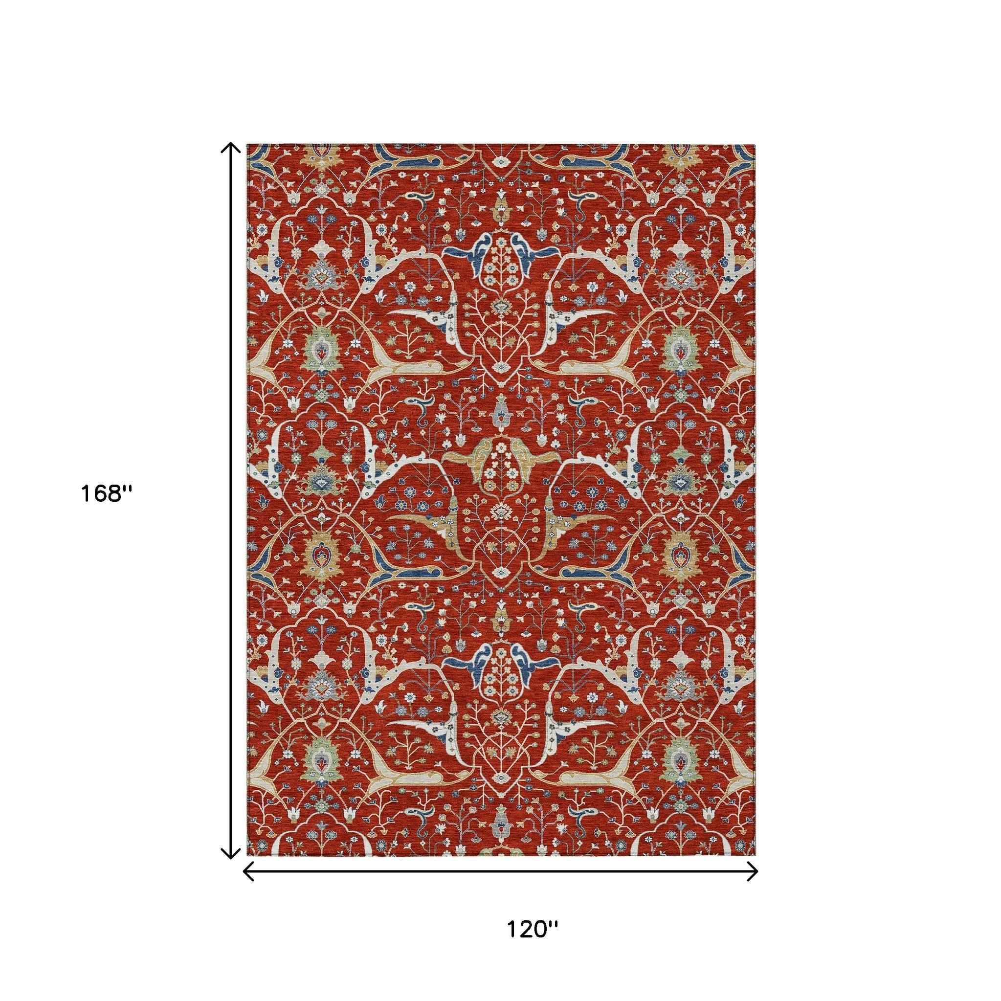 10' X 14' Red Blue And Ivory Floral Washable Indoor Outdoor Area Rug