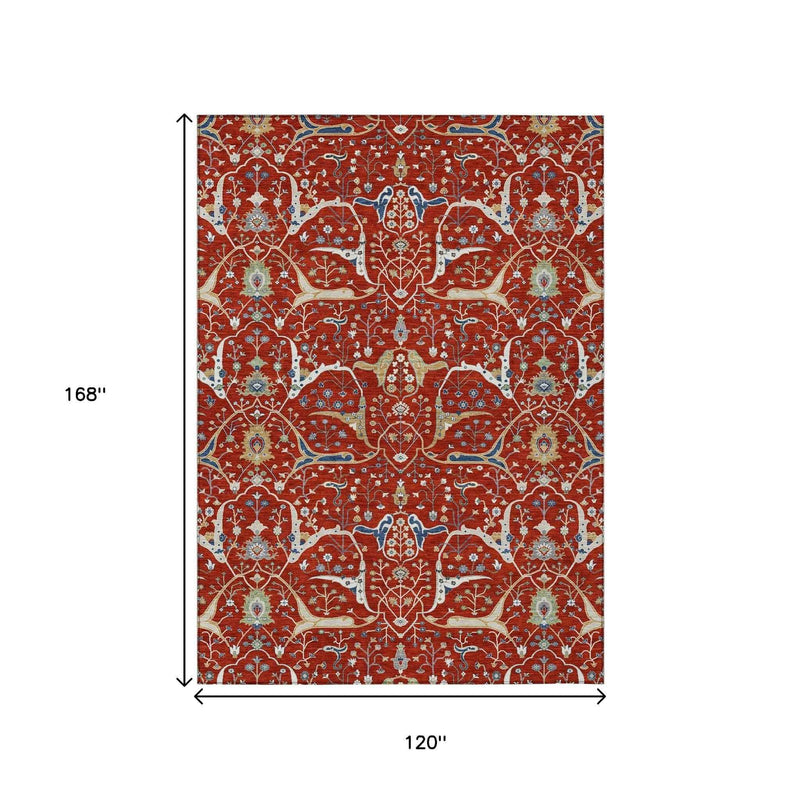 10' X 14' Red Blue And Ivory Floral Washable Indoor Outdoor Area Rug