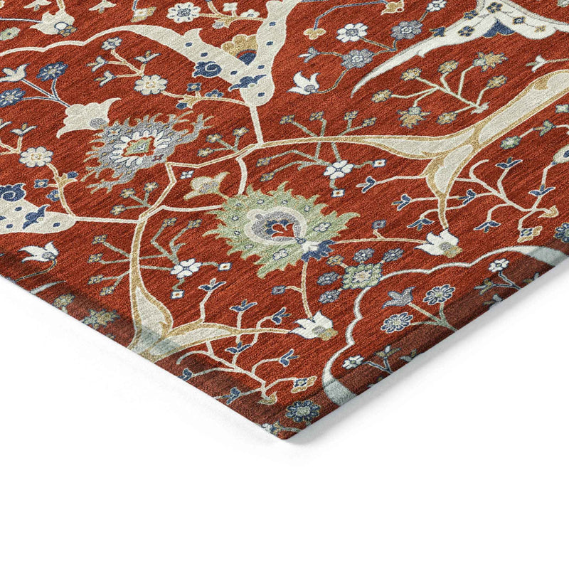10' X 14' Red Blue And Ivory Floral Washable Indoor Outdoor Area Rug