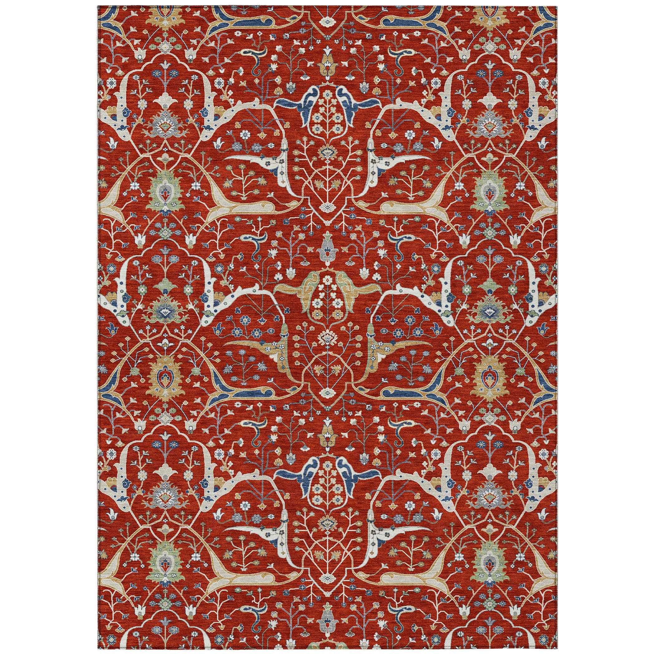 10' X 14' Red Blue And Ivory Floral Washable Indoor Outdoor Area Rug