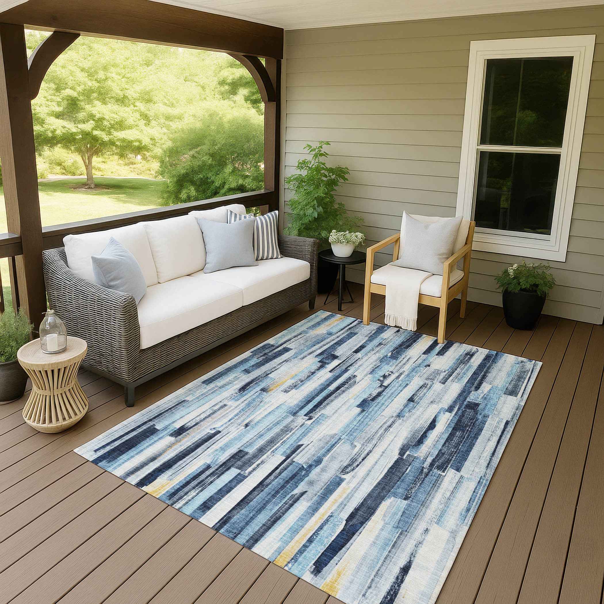 3' X 5' Denim Blue And Ivory Striped Washable Indoor Outdoor Area Rug