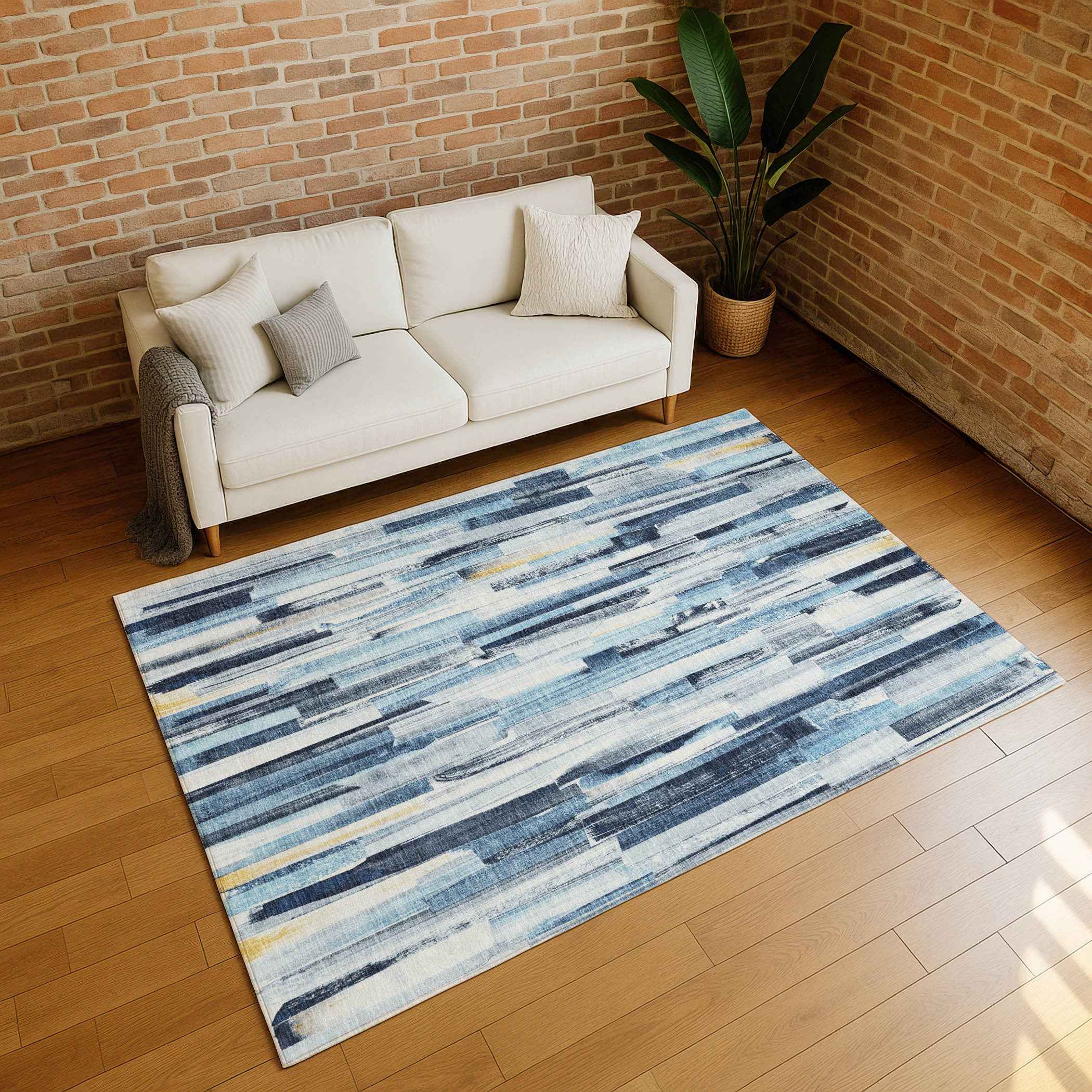 3' X 5' Denim Blue And Ivory Striped Washable Indoor Outdoor Area Rug