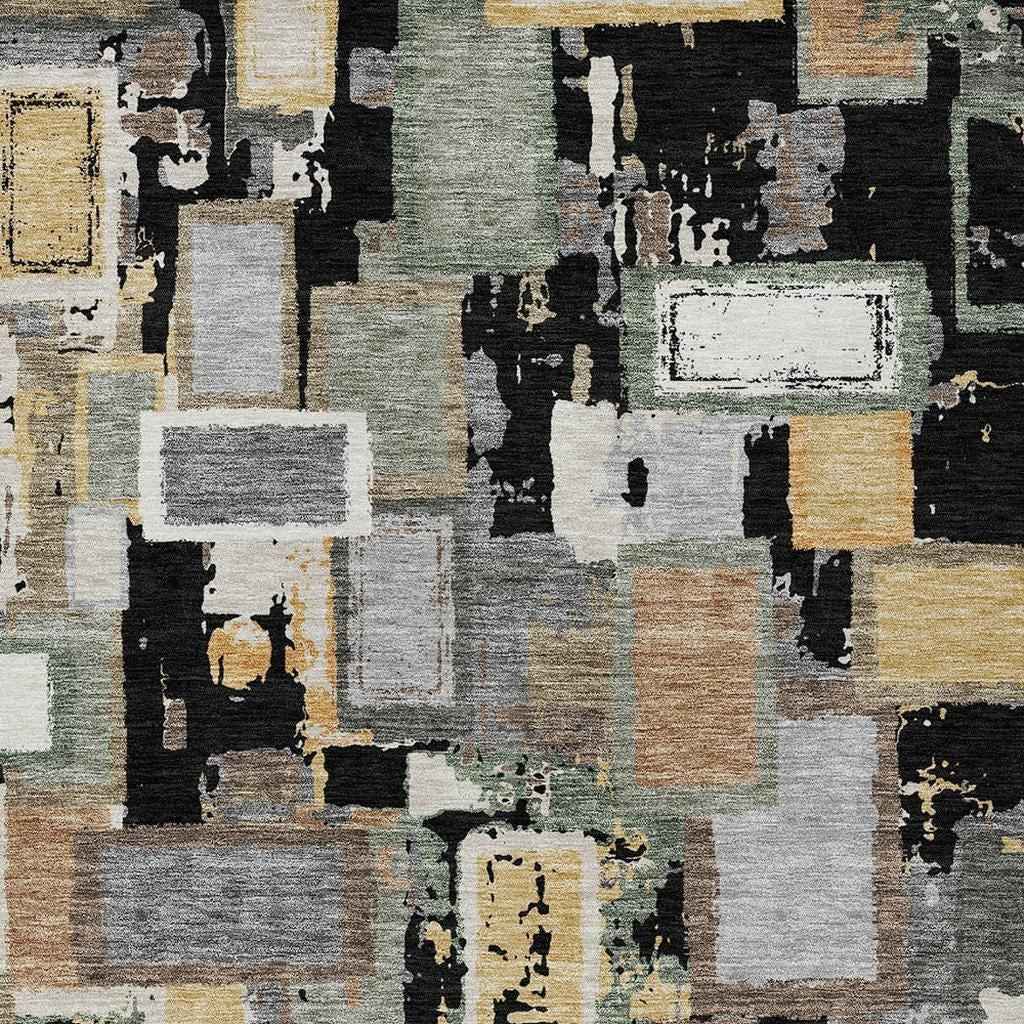 3' X 5' Black Gold And Ivory Geometric Washable Indoor Outdoor Area Rug