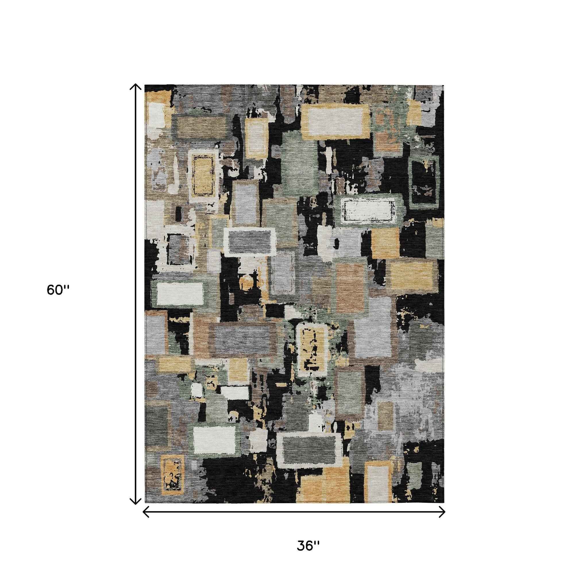 3' X 5' Black Gold And Ivory Geometric Washable Indoor Outdoor Area Rug