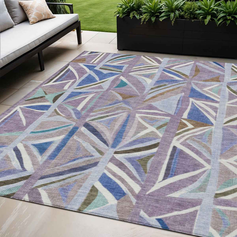 5' X 8' Lavender Ivory And Blue Geometric Washable Indoor Outdoor Area Rug