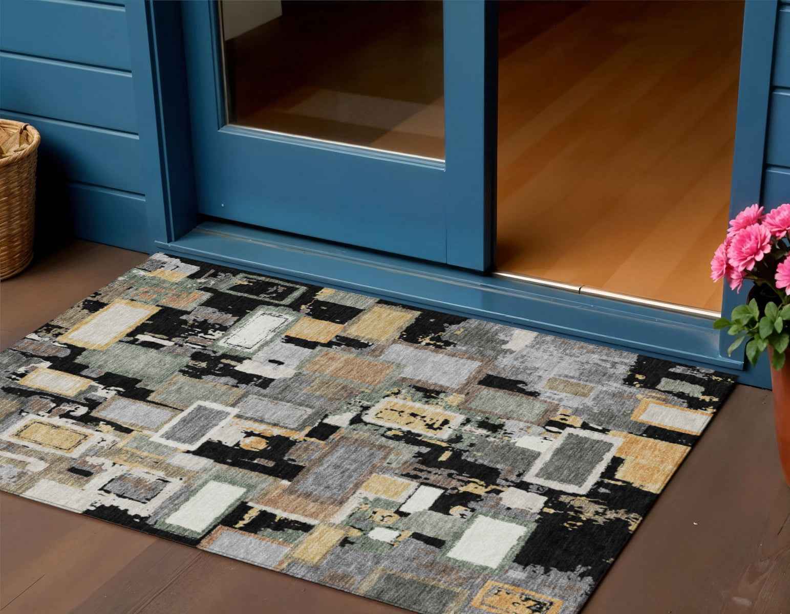 3' X 5' Black Gold And Ivory Geometric Washable Indoor Outdoor Area Rug