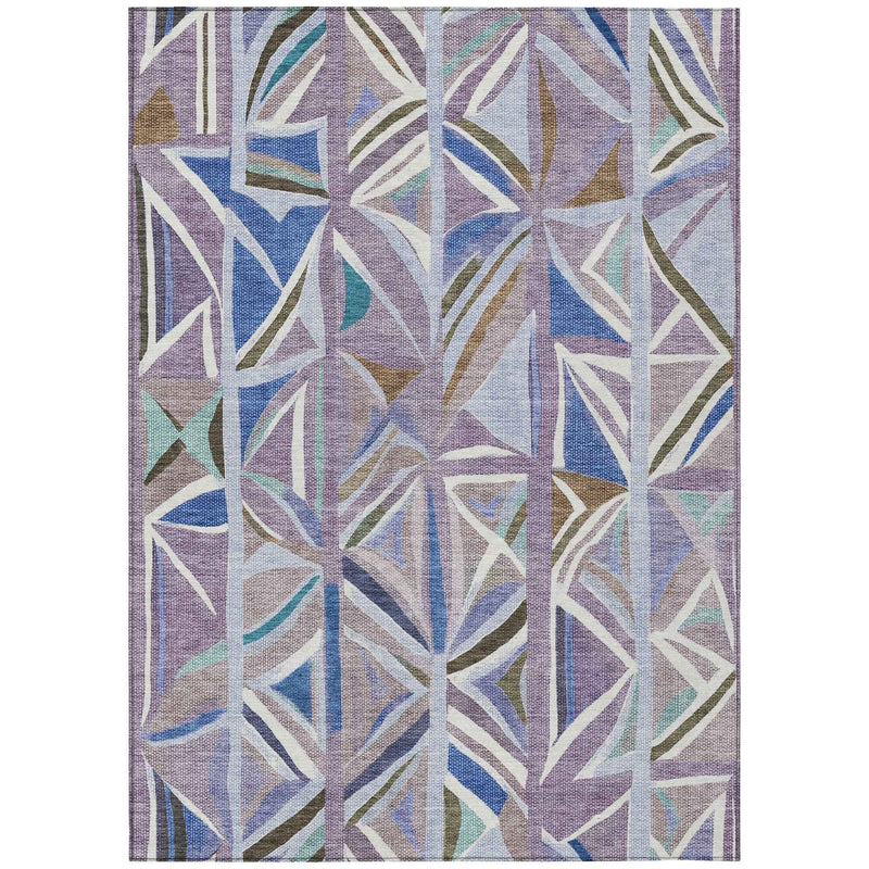 5' X 8' Lavender Ivory And Blue Geometric Washable Indoor Outdoor Area Rug