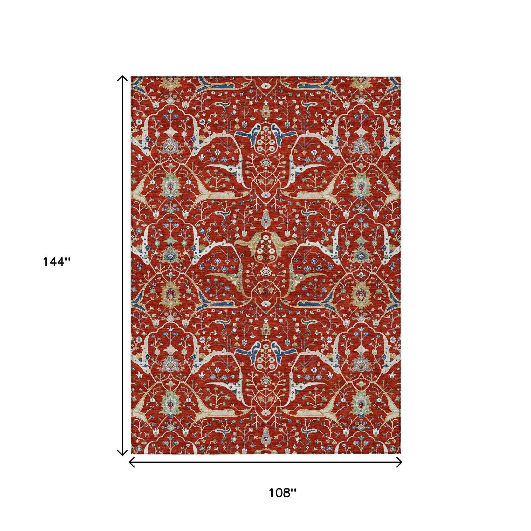 9' X 12' Red Blue And Ivory Floral Washable Indoor Outdoor Area Rug