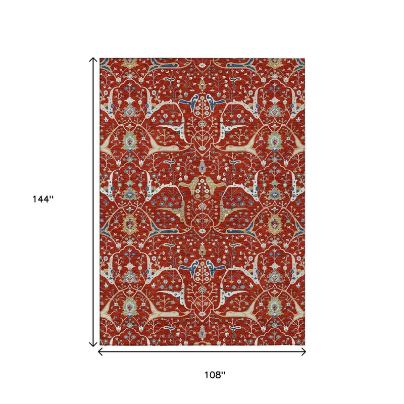 9' X 12' Red Blue And Ivory Floral Washable Indoor Outdoor Area Rug