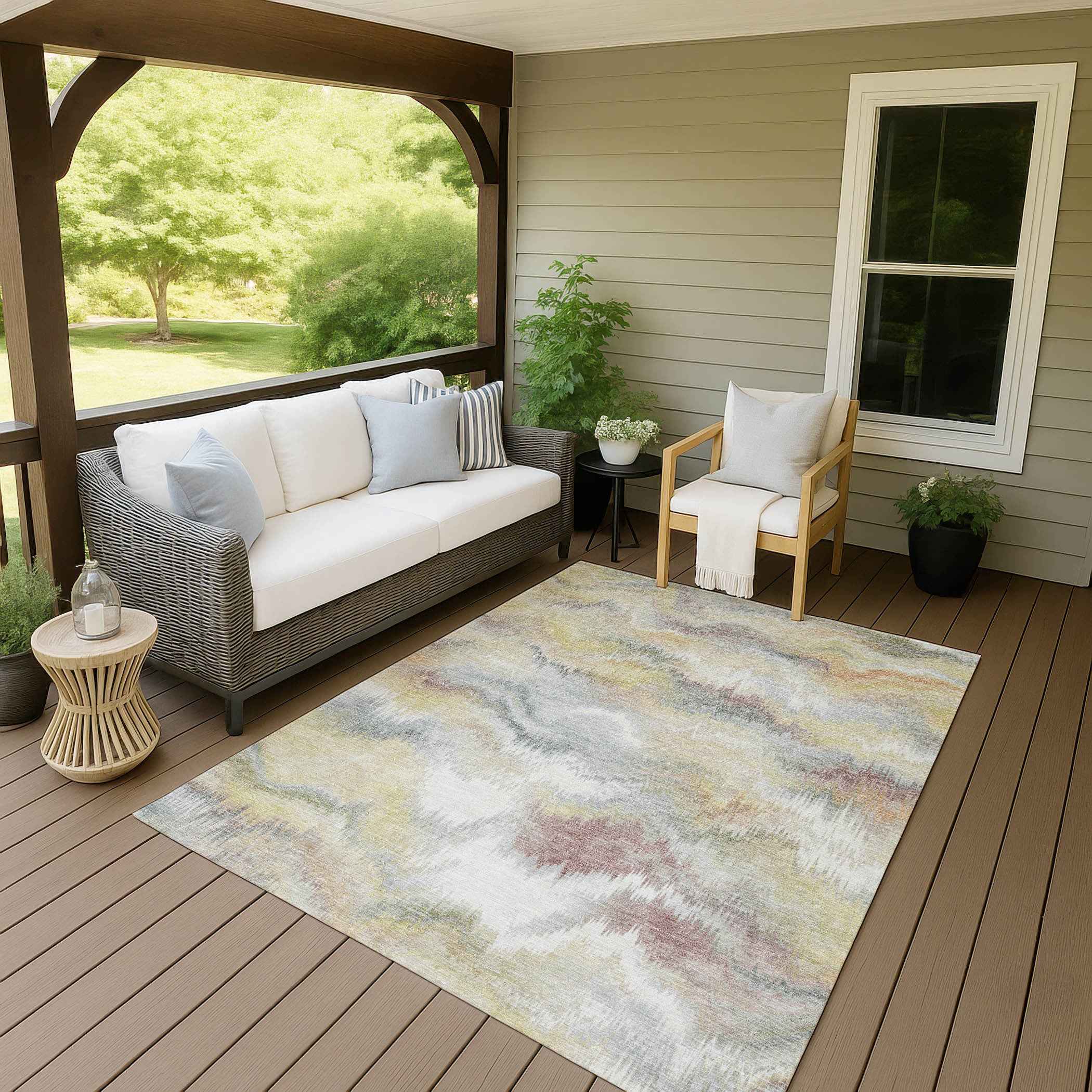 5' X 8' Beige And Ivory Abstract Washable Indoor Outdoor Area Rug