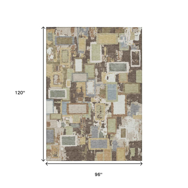 8' X 10' Brown Ivory And Gray Geometric Washable Indoor Outdoor Area Rug