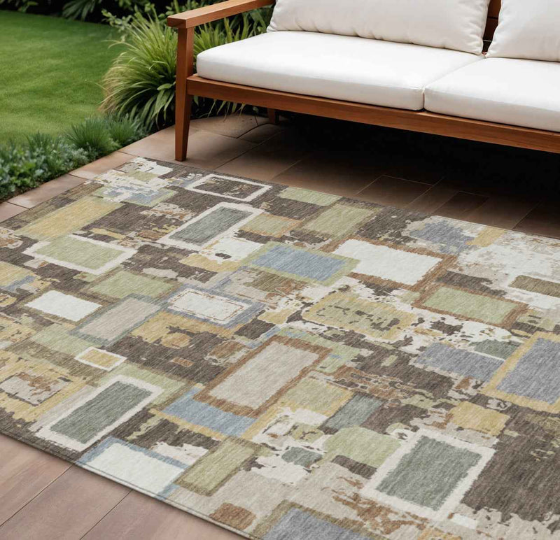 8' X 10' Brown Ivory And Gray Geometric Washable Indoor Outdoor Area Rug