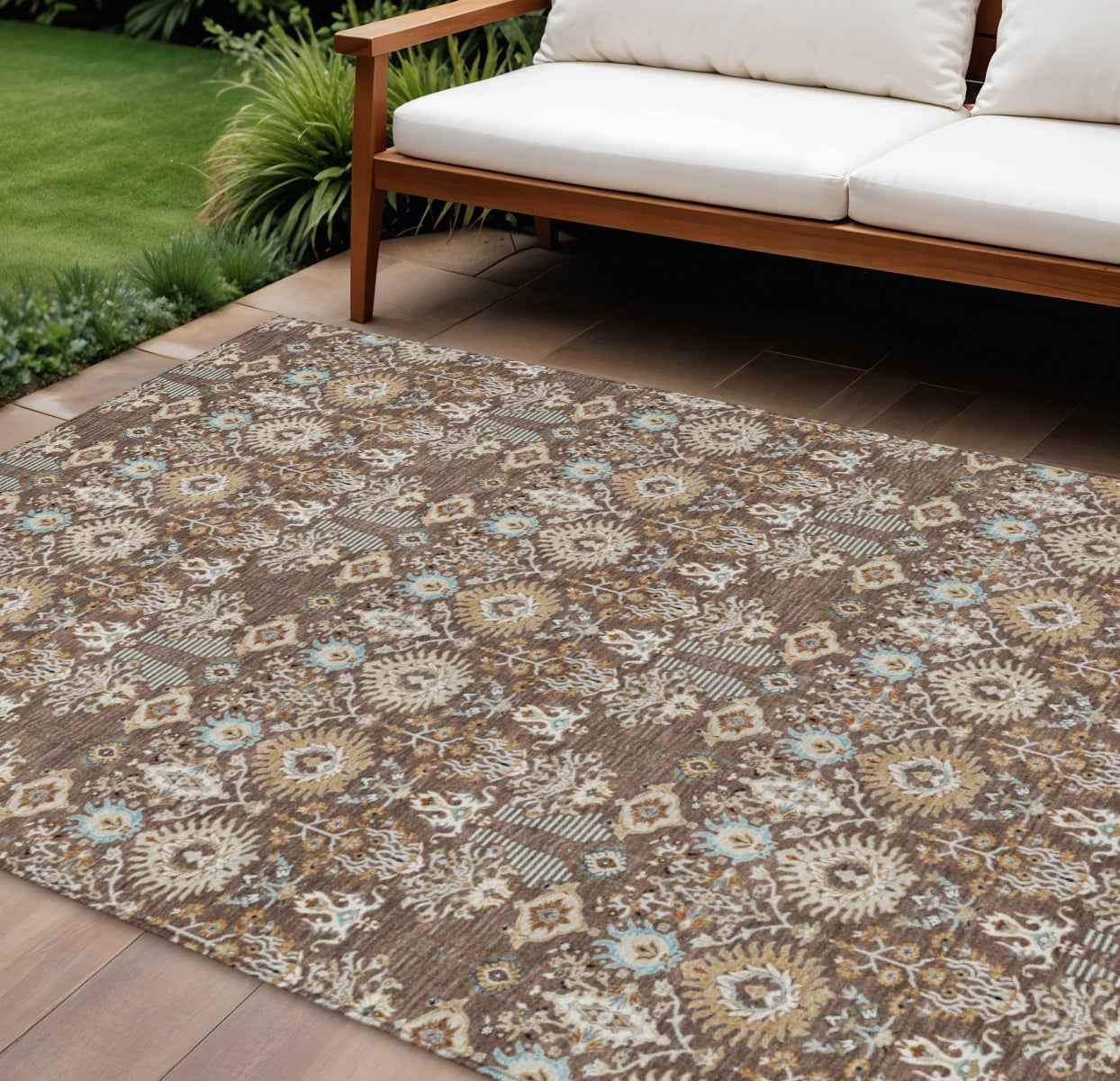 8' X 10' Brown And Beige Floral Washable Indoor Outdoor Area Rug