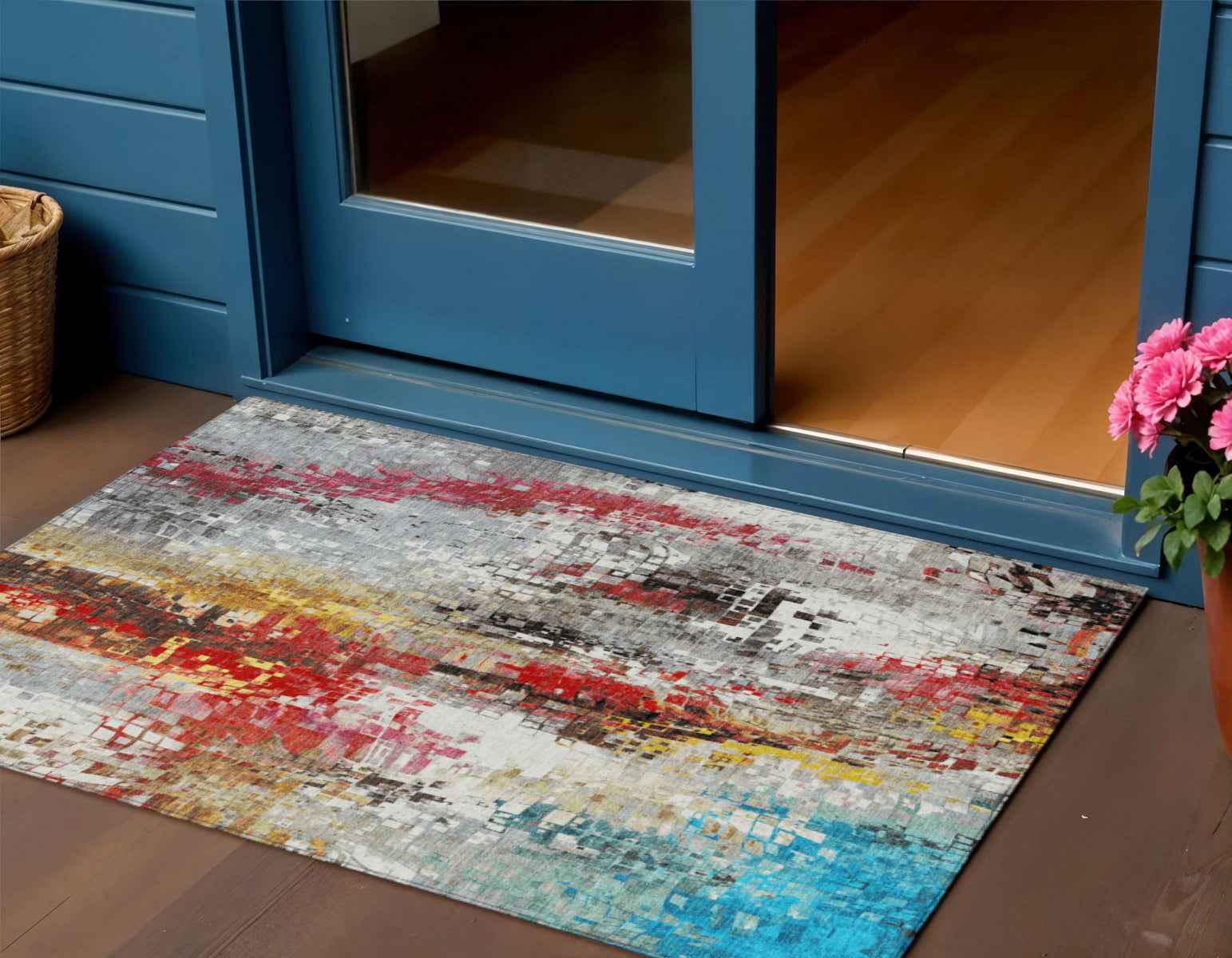 3' X 5' Silver Red Teal Blue And Ivory Abstract Washable Indoor Outdoor Area Rug