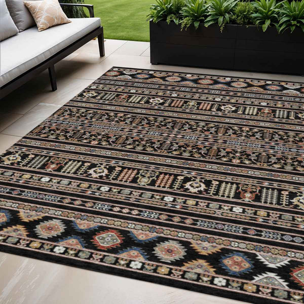 5' X 8' Black Blue And Copper Tribal Washable Indoor Outdoor Area Rug Default Title