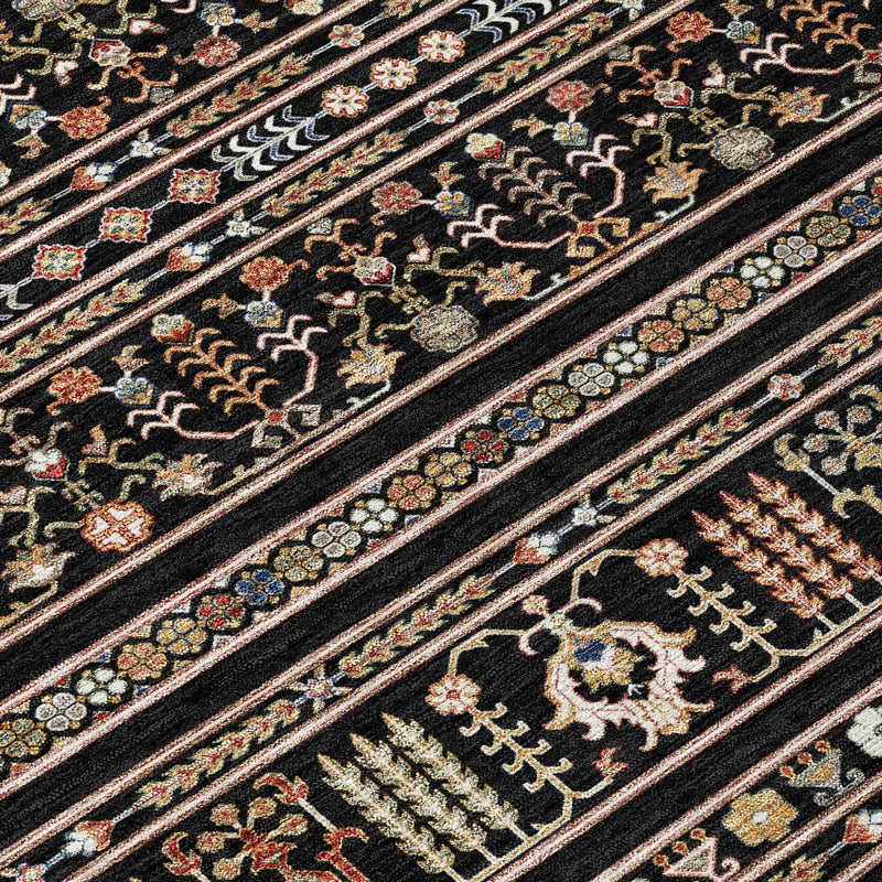 5' X 8' Black Blue And Copper Tribal Washable Indoor Outdoor Area Rug