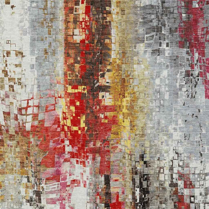 3' X 5' Silver Red Teal Blue And Ivory Abstract Washable Indoor Outdoor Area Rug