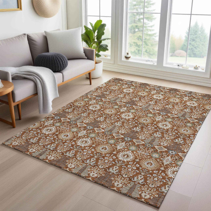 3' X 5' Rust And Ivory Floral Washable Indoor Outdoor Area Rug