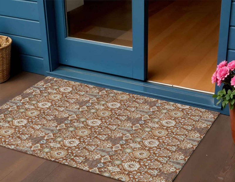 3' X 5' Rust And Ivory Floral Washable Indoor Outdoor Area Rug