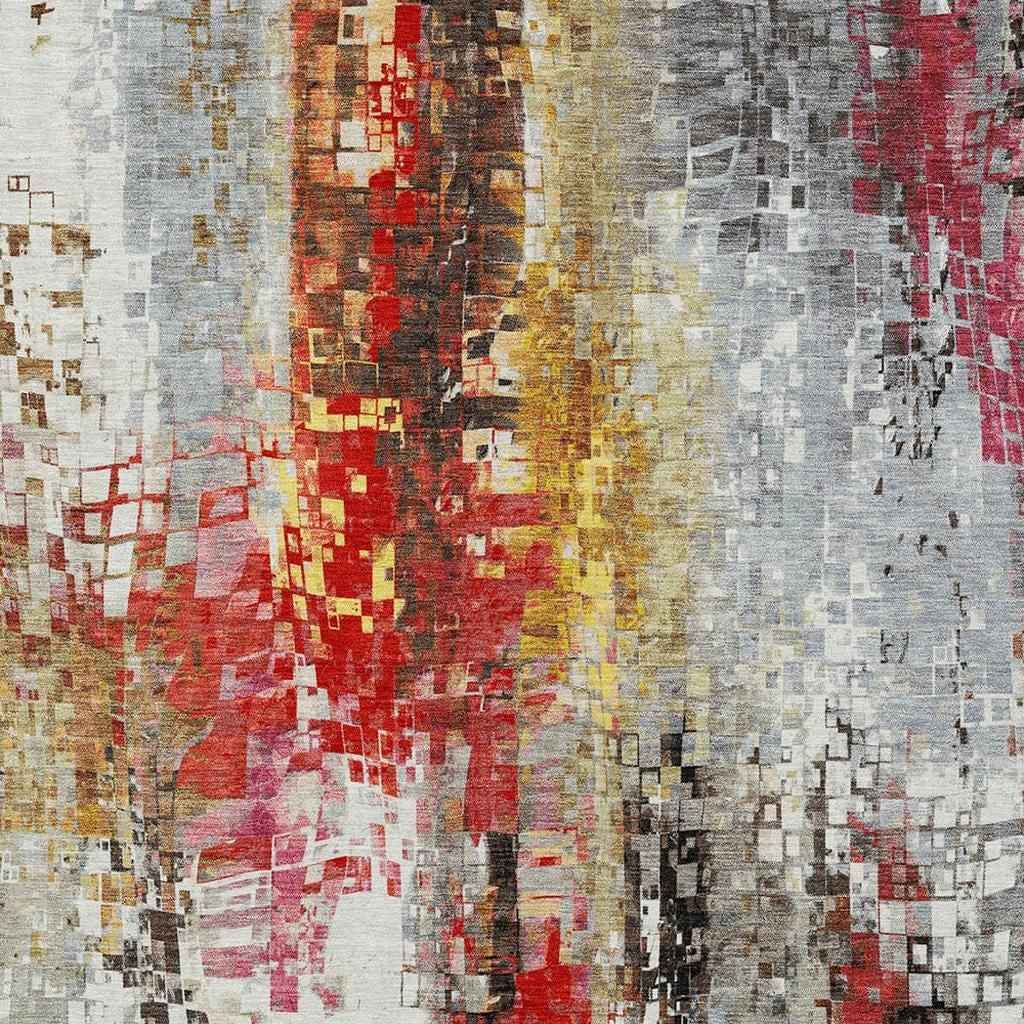 3' X 5' Silver Red Teal Blue And Ivory Abstract Washable Indoor Outdoor Area Rug