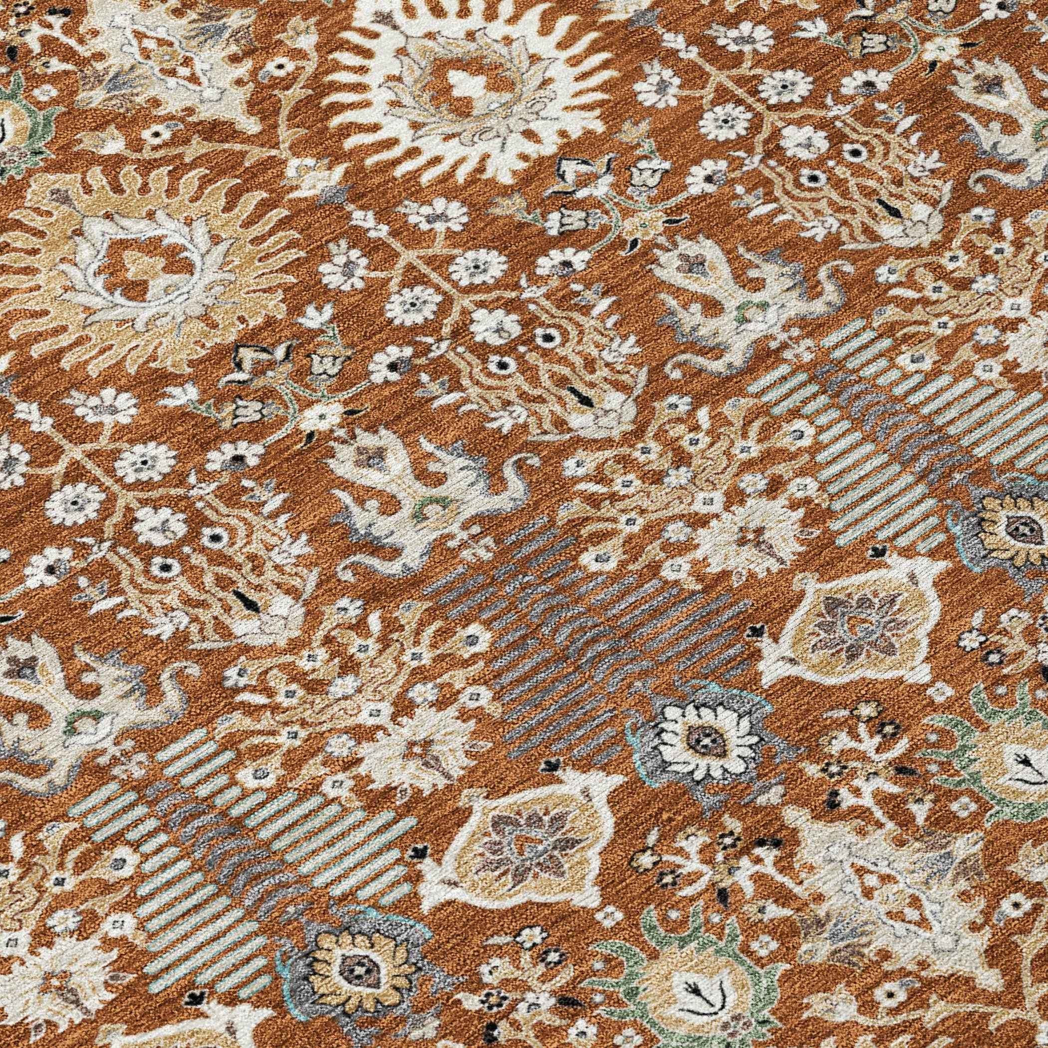 3' X 5' Rust And Ivory Floral Washable Indoor Outdoor Area Rug