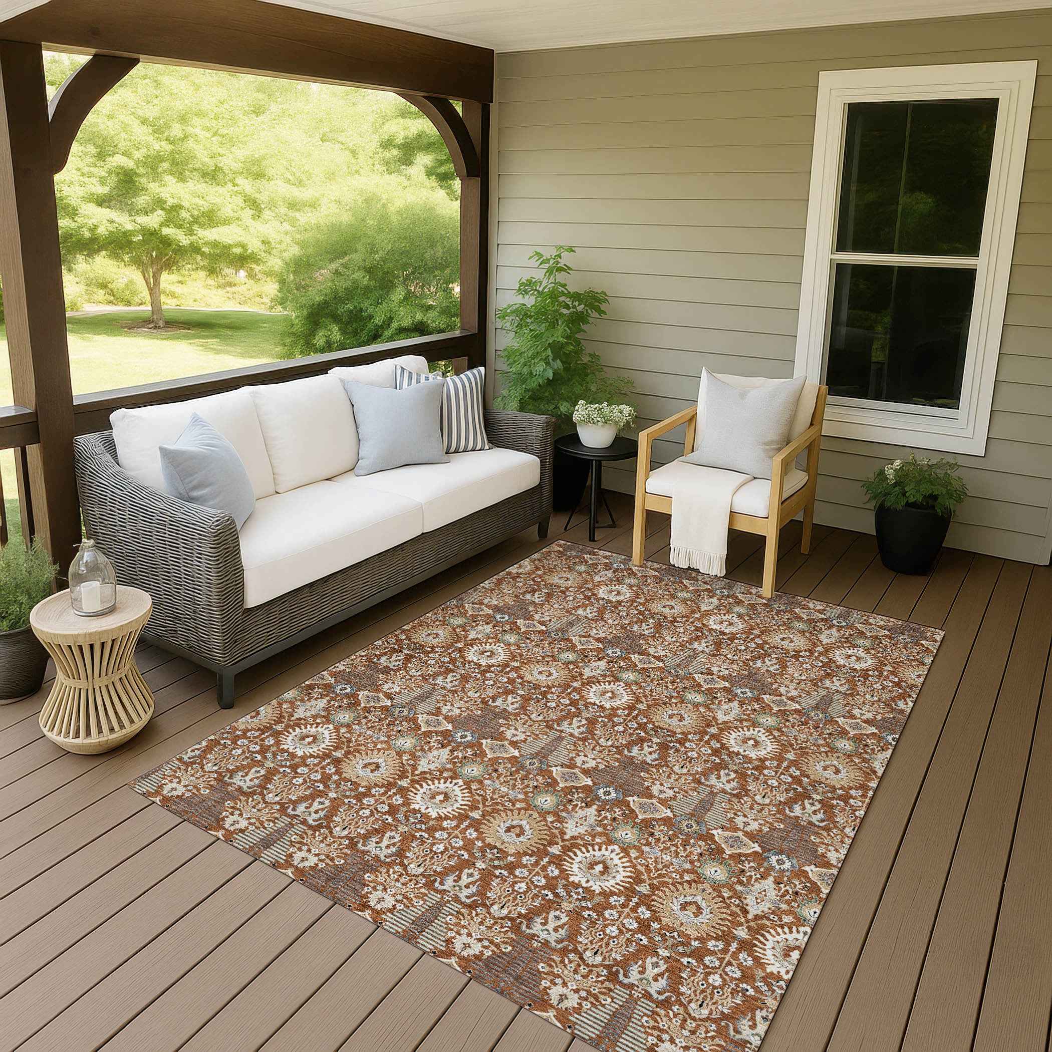 3' X 5' Rust And Ivory Floral Washable Indoor Outdoor Area Rug