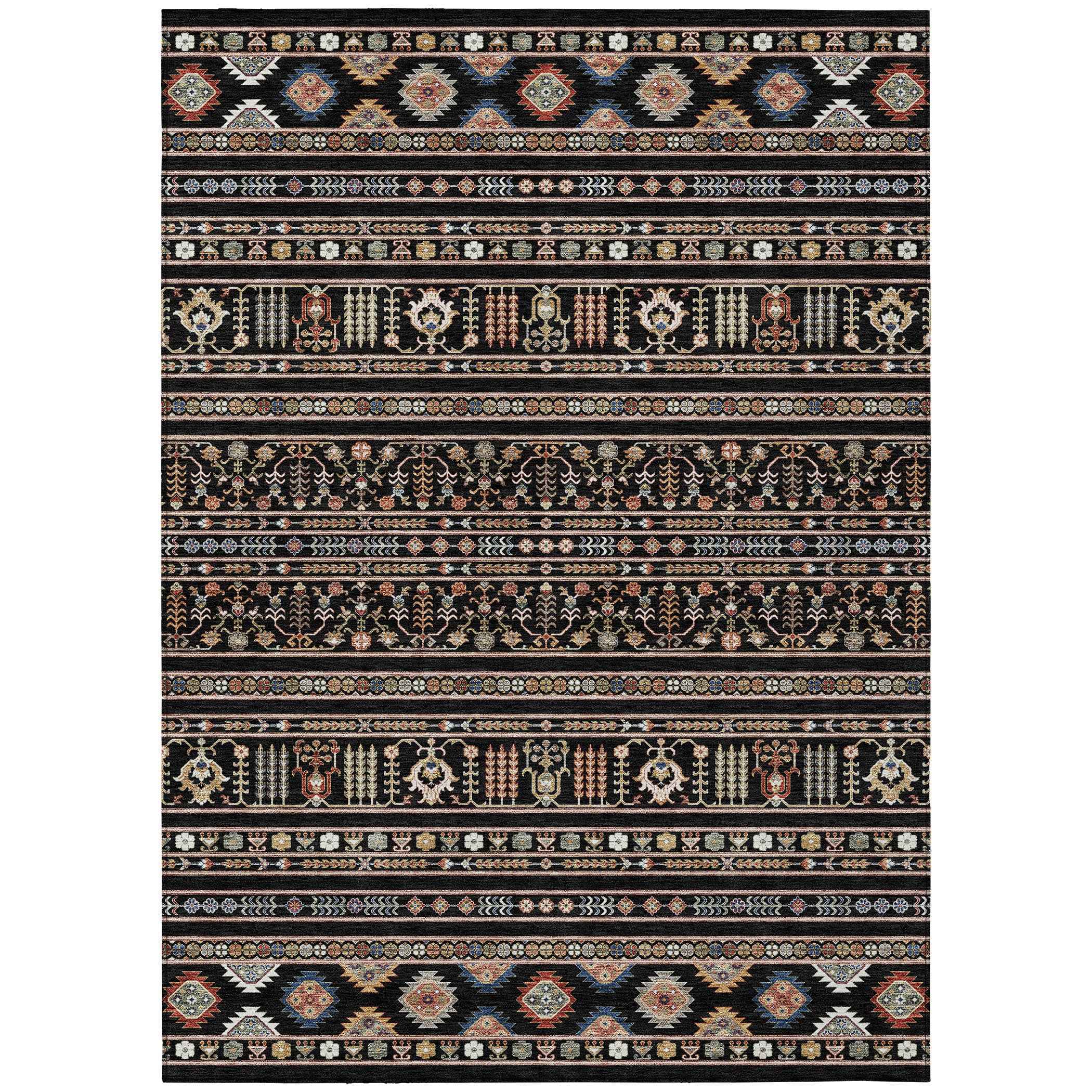 5' X 8' Black Blue And Copper Tribal Washable Indoor Outdoor Area Rug