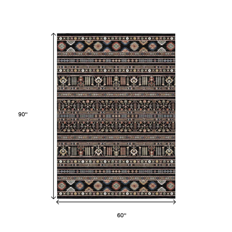 5' X 8' Black Blue And Copper Tribal Washable Indoor Outdoor Area Rug