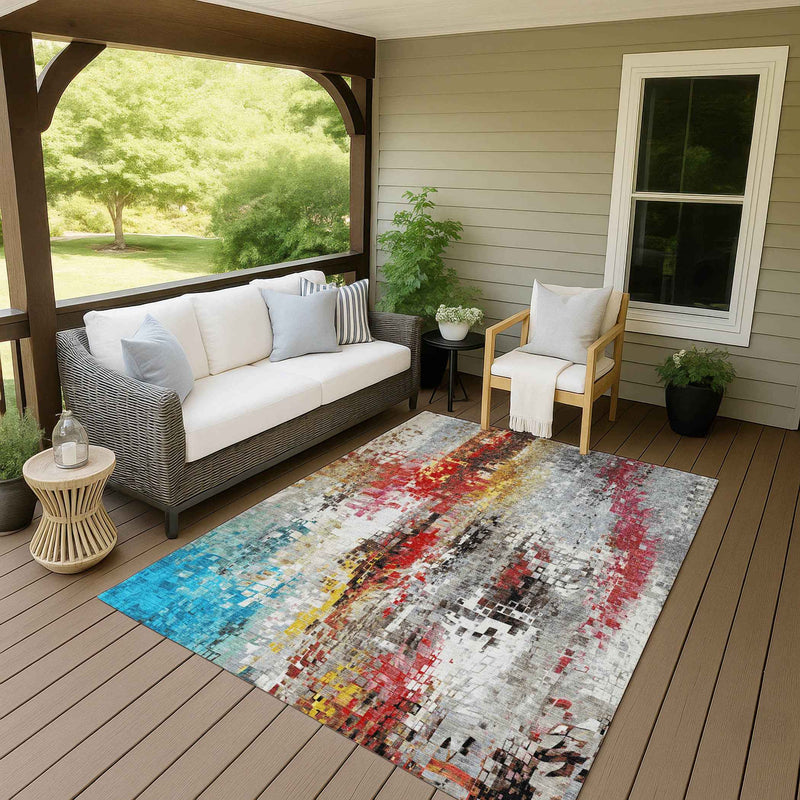 3' X 5' Silver Red Teal Blue And Ivory Abstract Washable Indoor Outdoor Area Rug