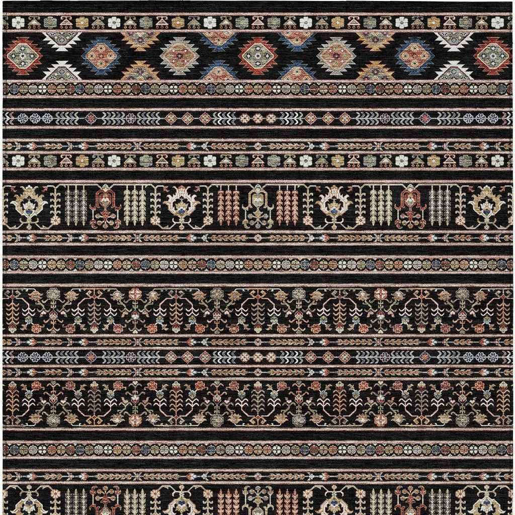 5' X 8' Black Blue And Copper Tribal Washable Indoor Outdoor Area Rug
