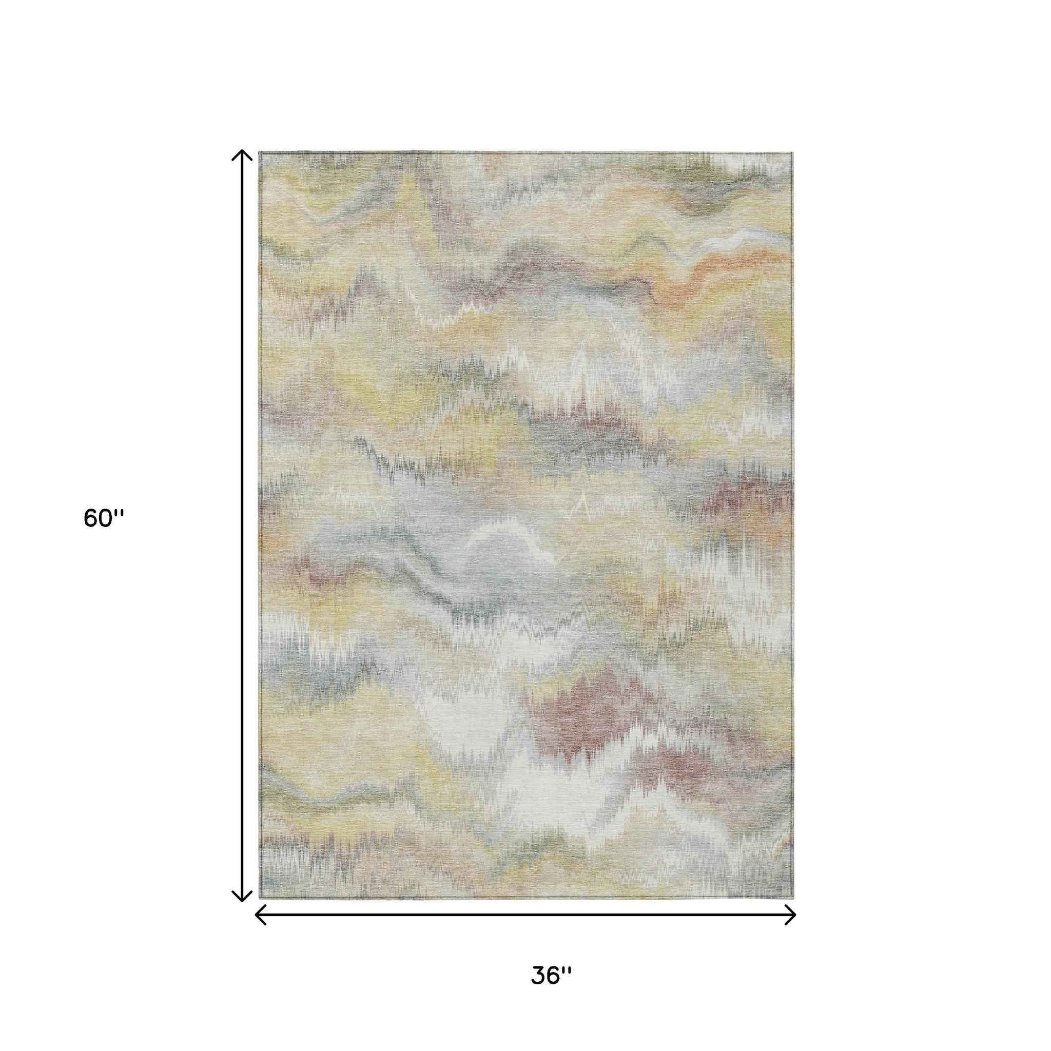 3' X 5' Beige And Ivory Abstract Washable Indoor Outdoor Area Rug