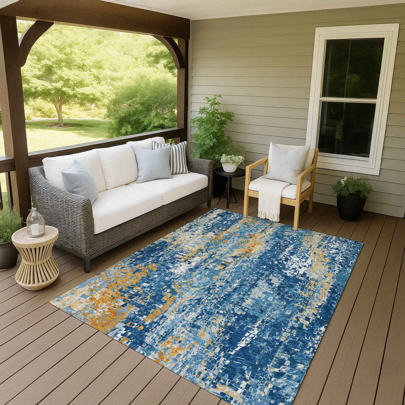 9' X 12' Navy Blue Gold And Ivory Abstract Washable Indoor Outdoor Area Rug