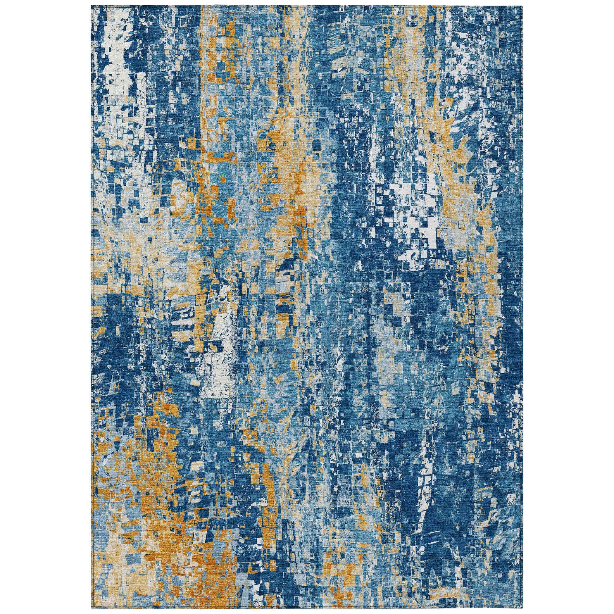 9' X 12' Navy Blue Gold And Ivory Abstract Washable Indoor Outdoor Area Rug