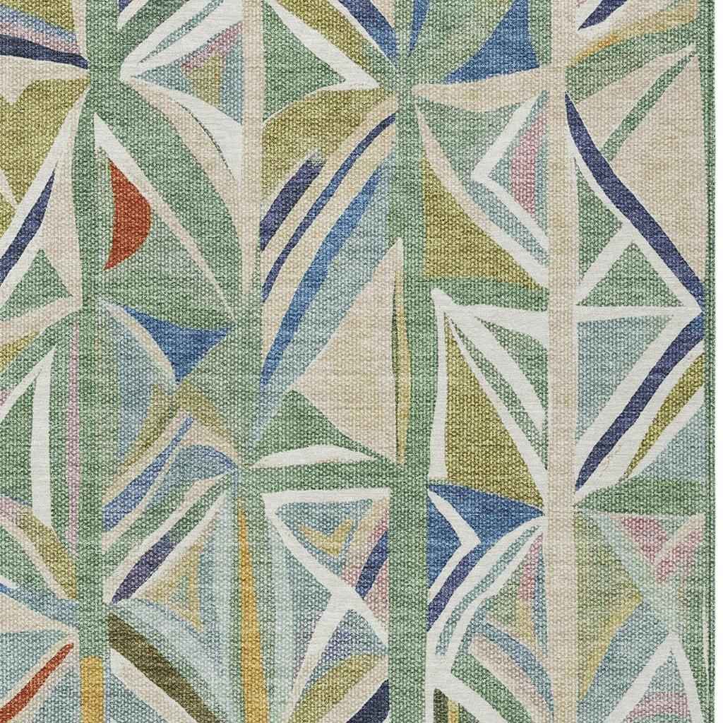 3' X 5' Sage Blue And Ivory Geometric Washable Indoor Outdoor Area Rug