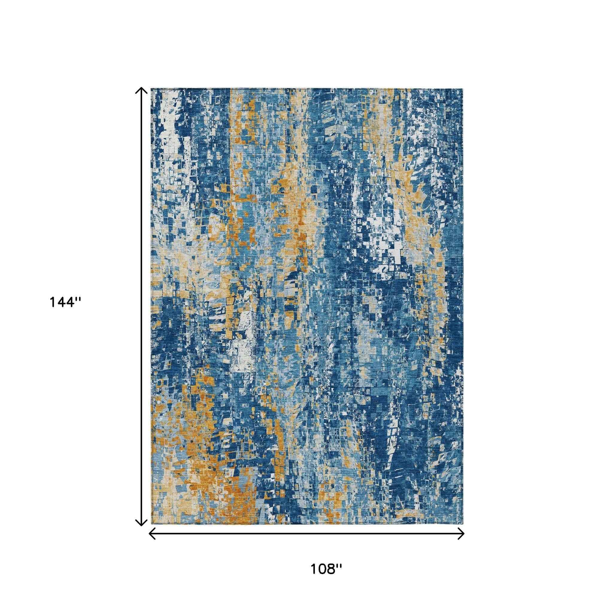 9' X 12' Navy Blue Gold And Ivory Abstract Washable Indoor Outdoor Area Rug