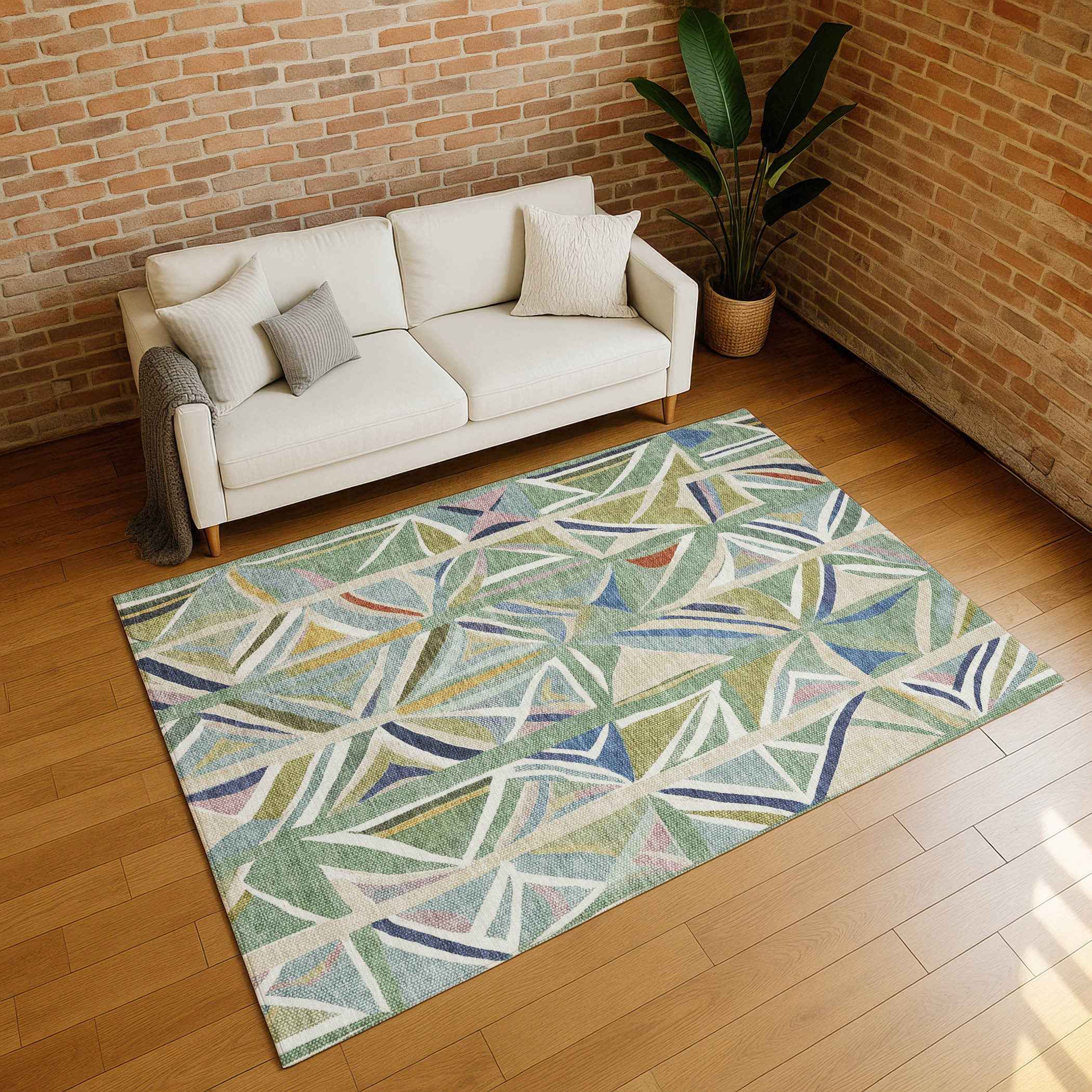 3' X 5' Sage Blue And Ivory Geometric Washable Indoor Outdoor Area Rug