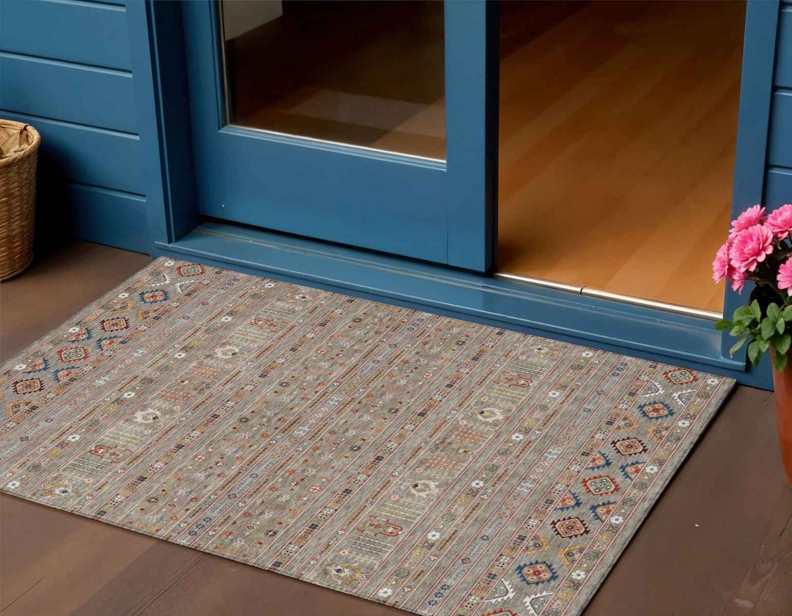 3' X 5' Taupe Blue And Copper Tribal Washable Indoor Outdoor Area Rug