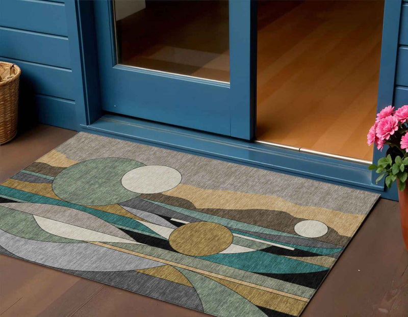 3' X 5' Taupe Ivory And Gold Geometric Washable Indoor Outdoor Area Rug