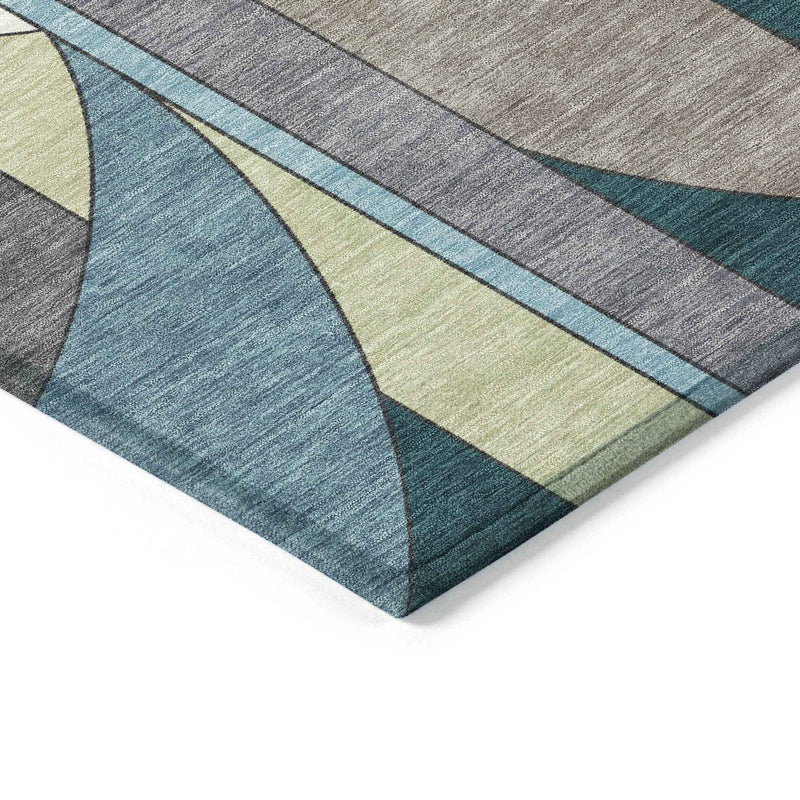 3' X 5' Teal Blue Ivory And Green Geometric Washable Indoor Outdoor Area Rug