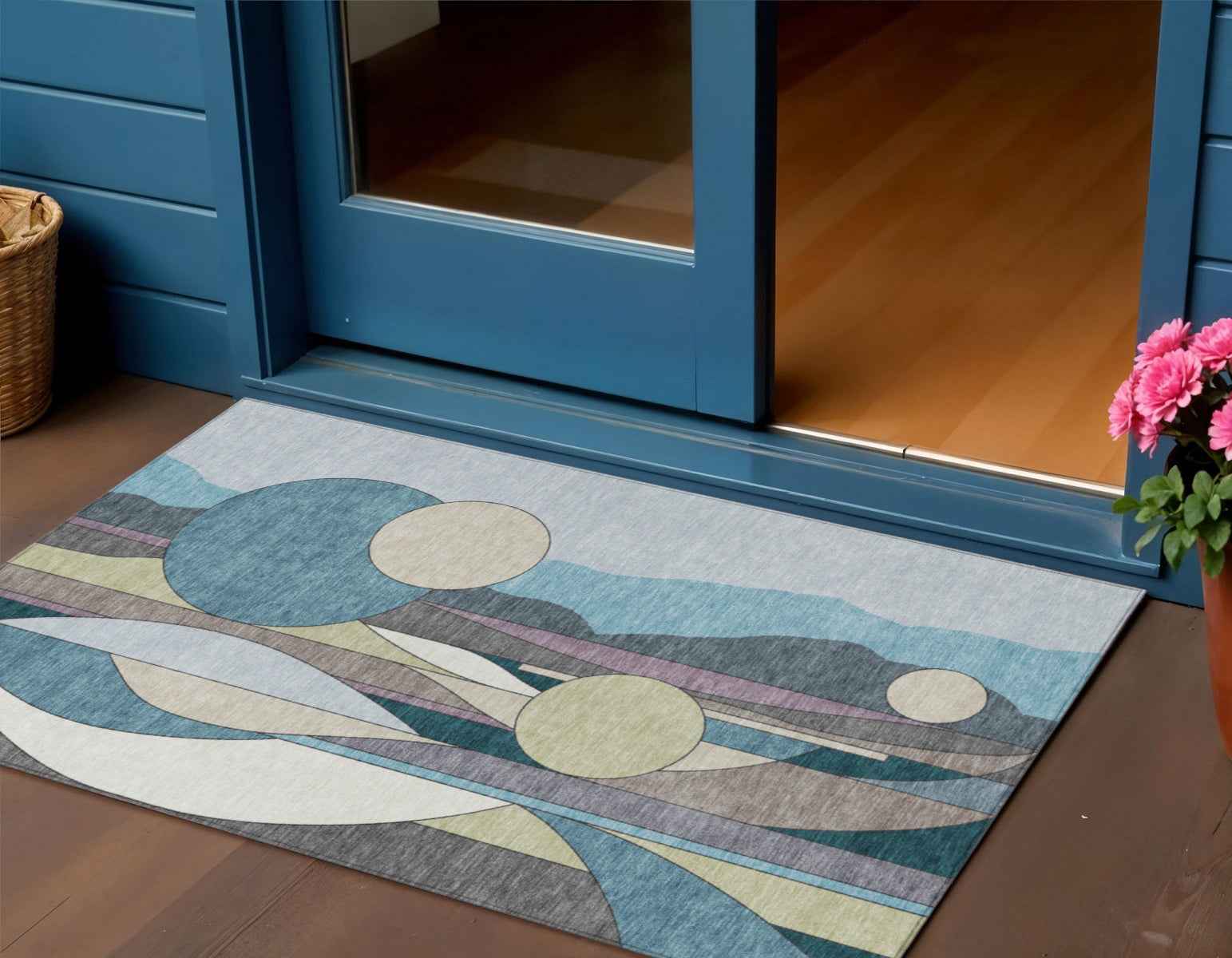 3' X 5' Teal Blue Ivory And Green Geometric Washable Indoor Outdoor Area Rug