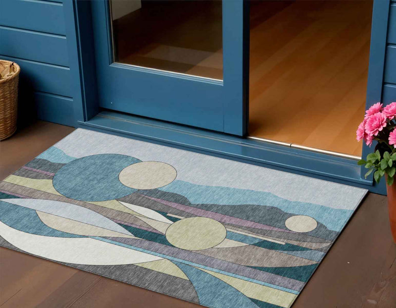 3' X 5' Teal Blue Ivory And Green Geometric Washable Indoor Outdoor Area Rug