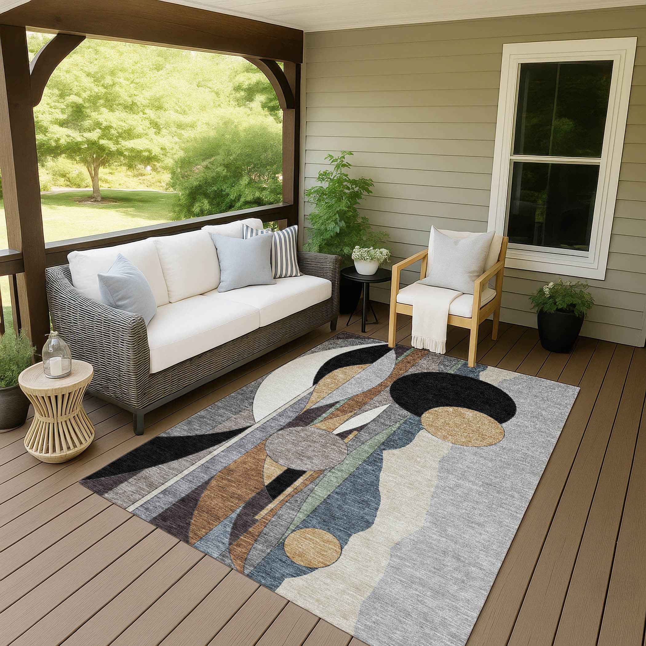 9' X 12' Gray Black And Gold Geometric Washable Indoor Outdoor Area Rug